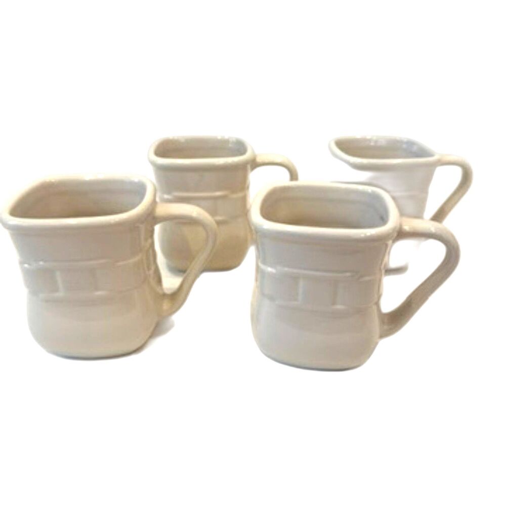Longaberger Woven Traditions Ivory Square Mugs Set of 4 16 Oz Pottery